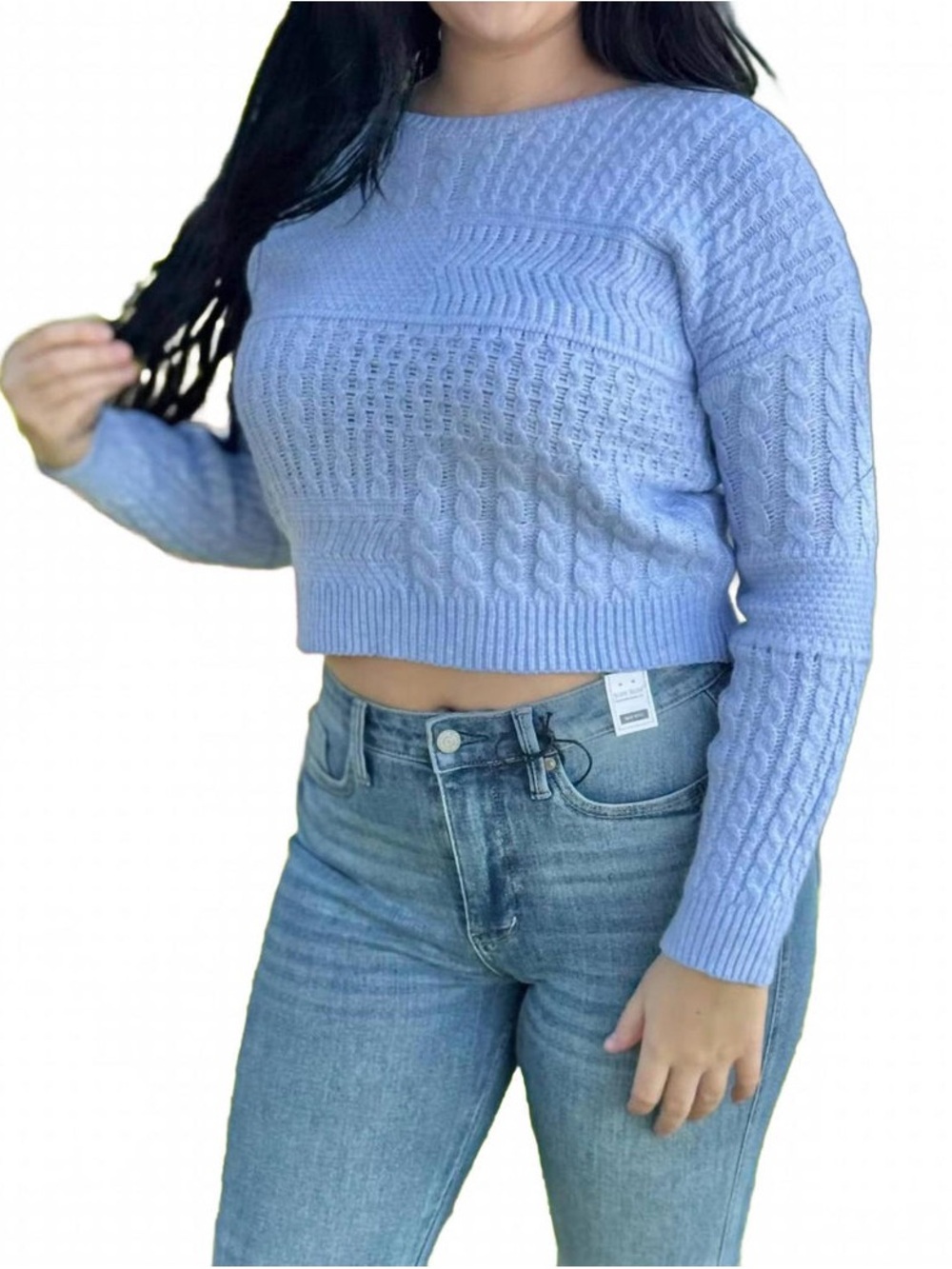 Simply Southern Light Blue Cable Knit Cropped Sweater